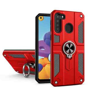 For Samsung Galaxy A21 Carbon Fiber Pattern PC + TPU Protective Case with Ring Holder(Red)
