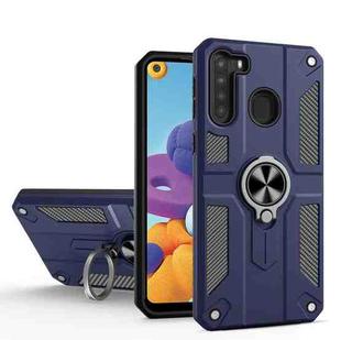 For Samsung Galaxy A21 Carbon Fiber Pattern PC + TPU Protective Case with Ring Holder(Blue)