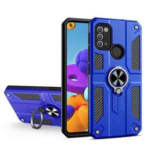 For Samsung Galaxy A21s Carbon Fiber Pattern PC + TPU Protective Case with Ring Holder(Dark Blue)