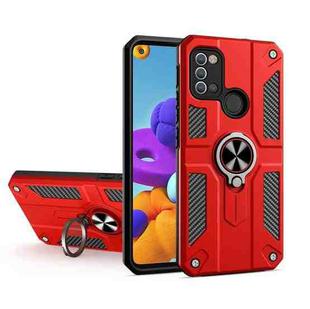For Samsung Galaxy A21s Carbon Fiber Pattern PC + TPU Protective Case with Ring Holder(Red)