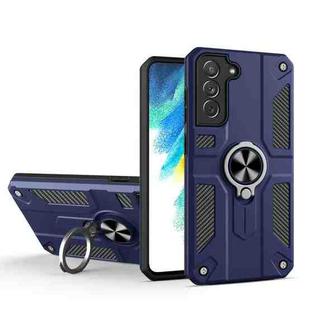 For Samsung Galaxy S21 FE Carbon Fiber Pattern PC + TPU Protective Case with Ring Holder(Blue)