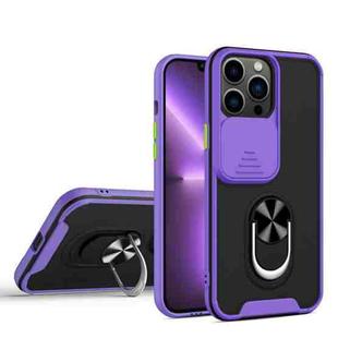 Sliding Camera Cover Design TPU + PC Magnetic Shockproof Case with Ring Holder For iPhone 13 Pro(Purple)