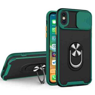 For iPhone X / XS Sliding Camera Cover Design TPU + PC Magnetic Shockproof Case with Ring Holder(Deep Green)