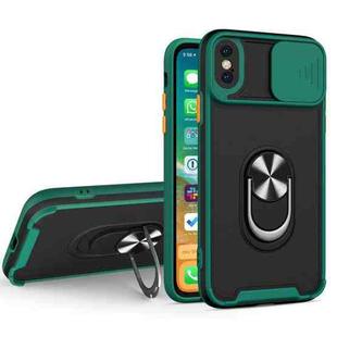 Sliding Camera Cover Design TPU + PC Magnetic Shockproof Case with Ring Holder For iPhone XS Max(Deep Green)
