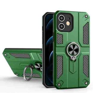 For iPhone 11 Carbon Fiber Pattern PC + TPU Protective Case with Ring Holder (Dark Green)