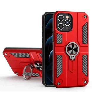 Carbon Fiber Pattern PC + TPU Protective Case with Ring Holder For iPhone 12 Pro Max(Red)