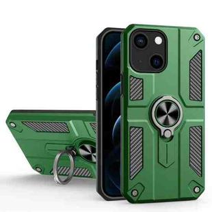 Carbon Fiber Pattern PC + TPU Protective Case with Ring Holder For iPhone 13(Dark Green)