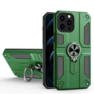 Carbon Fiber Pattern PC + TPU Protective Case with Ring Holder For iPhone 13 Pro(Dark Green)