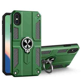 For iPhone X / XS Carbon Fiber Pattern PC + TPU Protective Case with Ring Holder(Dark Green)
