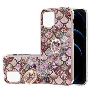 For iPhone 13 Electroplating Pattern IMD TPU Shockproof Case with Rhinestone Ring Holder(Pink Scales)