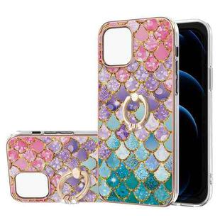 For iPhone 13 Electroplating Pattern IMD TPU Shockproof Case with Rhinestone Ring Holder(Colorful Scales)