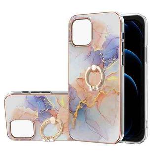 For iPhone 13 Electroplating Pattern IMD TPU Shockproof Case with Rhinestone Ring Holder(Milky Way White Marble)