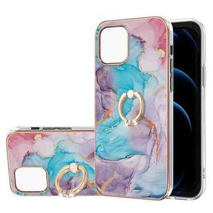 For iPhone 13 Electroplating Pattern IMD TPU Shockproof Case with Rhinestone Ring Holder(Milky Way Blue Marble)