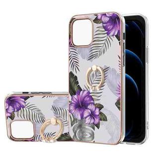 For iPhone 13 Electroplating Pattern IMD TPU Shockproof Case with Rhinestone Ring Holder(Purple Flower)