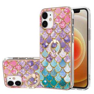 For iPhone 12 Electroplating Pattern IMD TPU Shockproof Case with Rhinestone Ring Holder(Colorful Scales)
