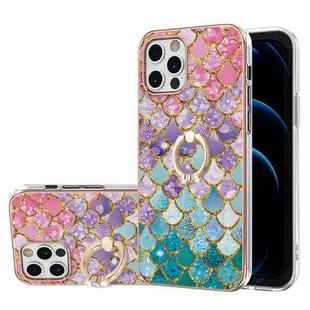 For iPhone 12 Pro Max Electroplating Pattern IMD TPU Shockproof Case with Rhinestone Ring Holder(Colorful Scales)