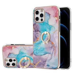 For iPhone 12 Pro Max Electroplating Pattern IMD TPU Shockproof Case with Rhinestone Ring Holder(Milky Way Blue Marble)