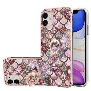 For iPhone 11 Electroplating Pattern IMD TPU Shockproof Case with Rhinestone Ring Holder (Pink Scales)