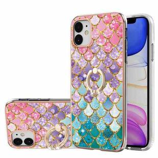 For iPhone 11 Electroplating Pattern IMD TPU Shockproof Case with Rhinestone Ring Holder (Colorful Scales)