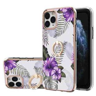 For iPhone 11 Pro Electroplating Pattern IMD TPU Shockproof Case with Rhinestone Ring Holder (Purple Flower)