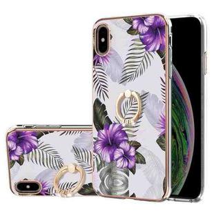 For iPhone X / XS Electroplating Pattern IMD TPU Shockproof Case with Rhinestone Ring Holder(Purple Flower)