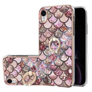 For iPhone XR Electroplating Pattern IMD TPU Shockproof Case with Rhinestone Ring Holder(Pink Scales)