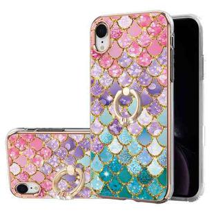 For iPhone XR Electroplating Pattern IMD TPU Shockproof Case with Rhinestone Ring Holder(Colorful Scales)