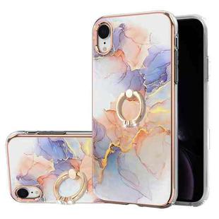 For iPhone XR Electroplating Pattern IMD TPU Shockproof Case with Rhinestone Ring Holder(Milky Way White Marble)
