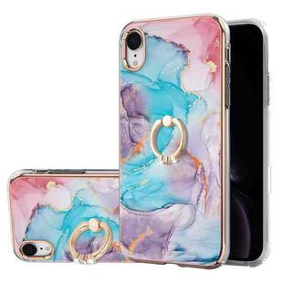 For iPhone XR Electroplating Pattern IMD TPU Shockproof Case with Rhinestone Ring Holder(Milky Way Blue Marble)