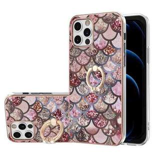 For iPhone 12 Pro Electroplating Pattern IMD TPU Shockproof Case with Rhinestone Ring Holder(Pink Scales)