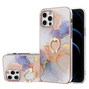 For iPhone 12 Pro Electroplating Pattern IMD TPU Shockproof Case with Rhinestone Ring Holder(Milky Way White Marble)