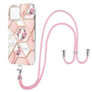 For iPhone 13 mini Electroplating Splicing Marble Flower Pattern TPU Shockproof Case with Lanyard (Pink Flower)
