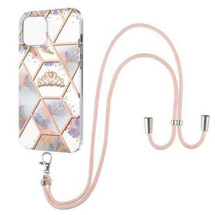 For iPhone 13 mini Electroplating Splicing Marble Flower Pattern TPU Shockproof Case with Lanyard (Imperial Crown)