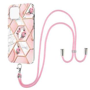 For iPhone 13 Pro Max Electroplating Splicing Marble Flower Pattern TPU Shockproof Case with Lanyard (Pink Flower)