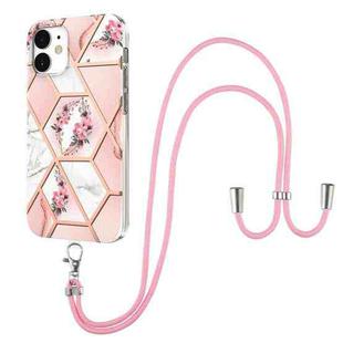 For iPhone 12 mini Electroplating Splicing Marble Flower Pattern TPU Shockproof Case with Lanyard (Pink Flower)