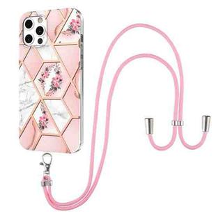 For iPhone 12 / 12 Pro Electroplating Splicing Marble Flower Pattern TPU Shockproof Case with Lanyard(Pink Flower)
