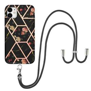 For iPhone 11 Electroplating Splicing Marble Flower Pattern TPU Shockproof Case with Lanyard (Black Flower)