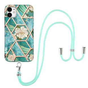 For iPhone 11 Electroplating Splicing Marble Flower Pattern TPU Shockproof Case with Lanyard (Blue Flower)