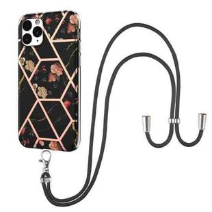 For iPhone 11 Pro Electroplating Splicing Marble Flower Pattern TPU Shockproof Case with Lanyard (Black Flower)