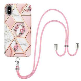 For iPhone X / XS Electroplating Splicing Marble Flower Pattern TPU Shockproof Case with Lanyard(Pink Flower)