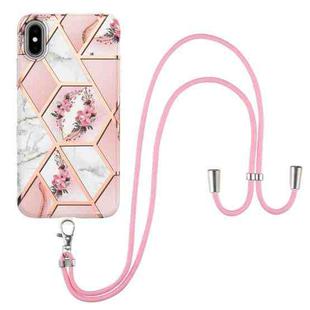 For iPhone XS Max Electroplating Splicing Marble Flower Pattern TPU Shockproof Case with Lanyard(Pink Flower)
