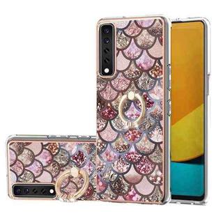 For LG Stylo 7 4G Electroplating Pattern IMD TPU Shockproof Case with Rhinestone Ring Holder(Pink Scales)