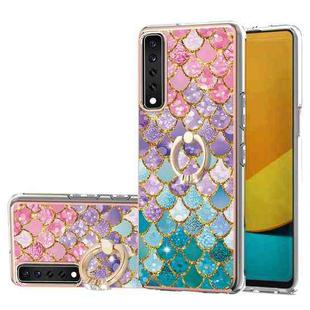 For LG Stylo 7 4G Electroplating Pattern IMD TPU Shockproof Case with Rhinestone Ring Holder(Colorful Scales)