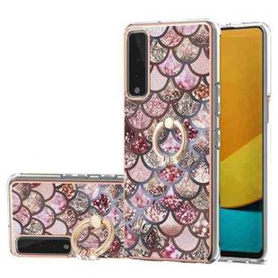 For LG Stylo 7 5G Electroplating Pattern IMD TPU Shockproof Case with Rhinestone Ring Holder(Pink Scales)