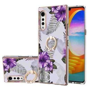 For LG Velvet 4G / Velvet 5G / G9 Electroplating Pattern IMD TPU Shockproof Case with Rhinestone Ring Holder(Purple Flower)