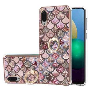 For Samsung Galaxy A02/M02 Electroplating Pattern IMD TPU Shockproof Case with Rhinestone Ring Holder(Pink Scales)