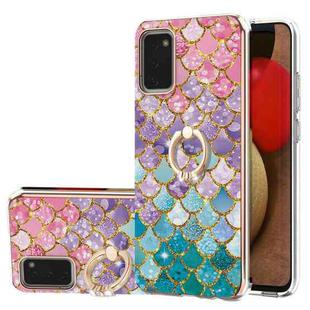 For Samsung Galaxy A02s 164mm Electroplating Pattern IMD TPU Shockproof Case with Rhinestone Ring Holder(Colorful Scales)