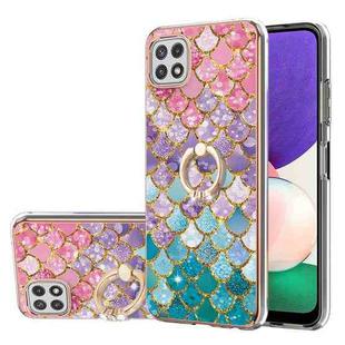 For Samsung Galaxy A22 5G US Version Electroplating Pattern IMD TPU Shockproof Case with Rhinestone Ring Holder(Colorful Scales)