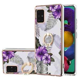 For Samsung Galaxy A51 5G Electroplating Pattern IMD TPU Shockproof Case with Rhinestone Ring Holder(Purple Flower)