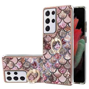 For Samsung Galaxy S21 Ultra 5G Electroplating Pattern IMD TPU Shockproof Case with Rhinestone Ring Holder(Pink Scales)
